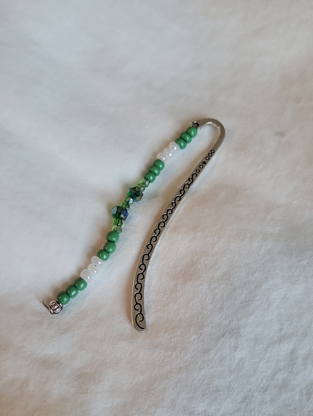 Beaded Green and White Bookmark with Silver Accent
